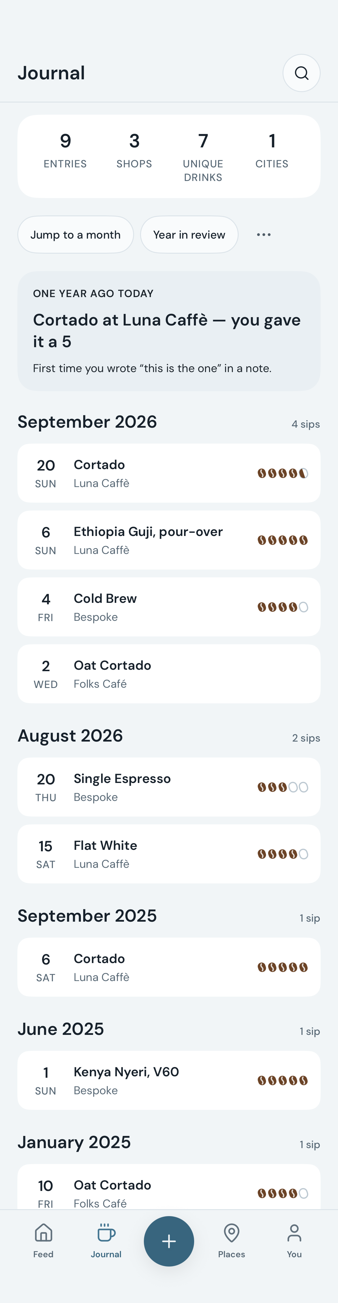 BrewIt journal organized by month, showing drink names, coffee shops, and bean ratings.