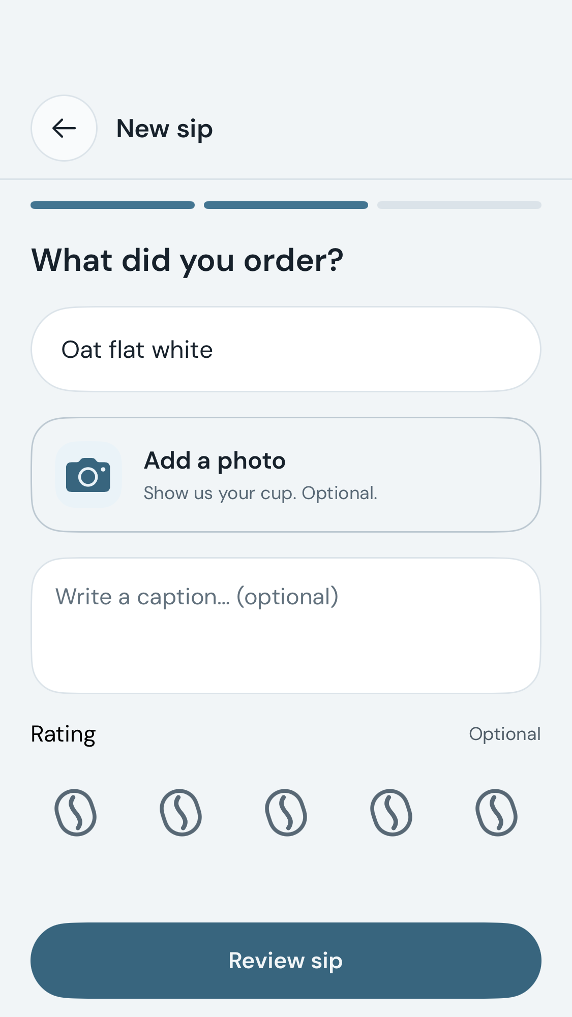 BrewIt entry screen with a drink name, optional attachment and caption, and coffee bean rating controls.